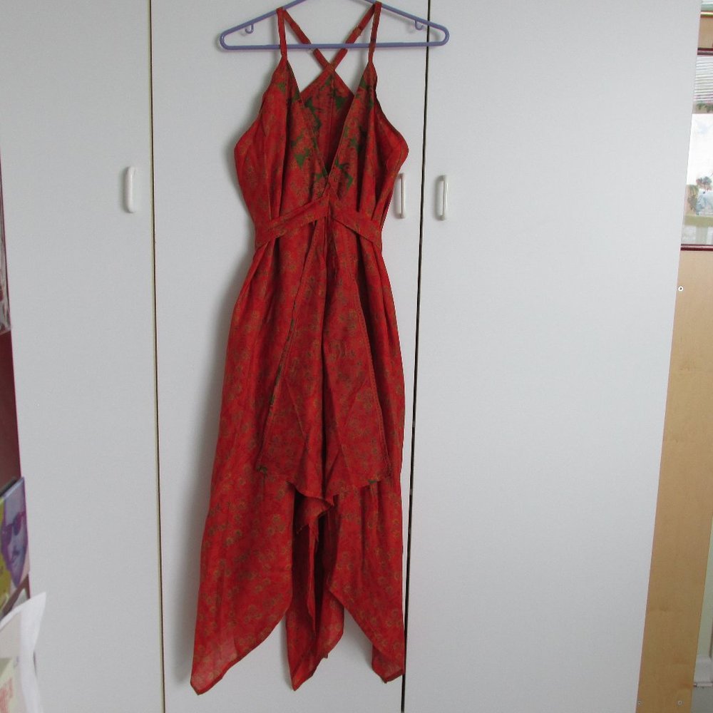 Audrey Acosta Designs Ocean Maxi Halter Dress Upcycled Orange Silk Saris One Sz